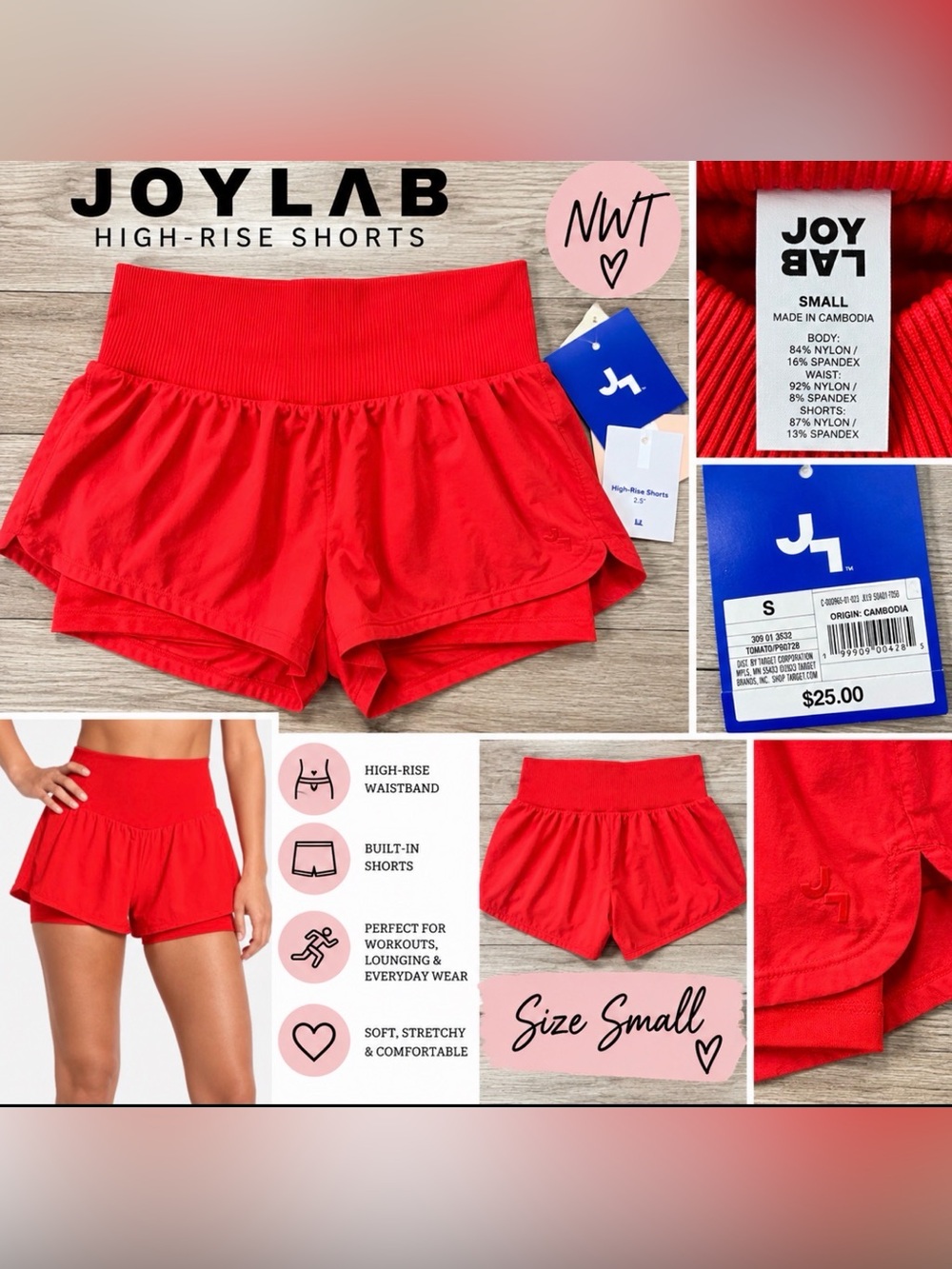 JoyLab High-Rise 2-in-1 Shorts – Red – Size Small – NWT
